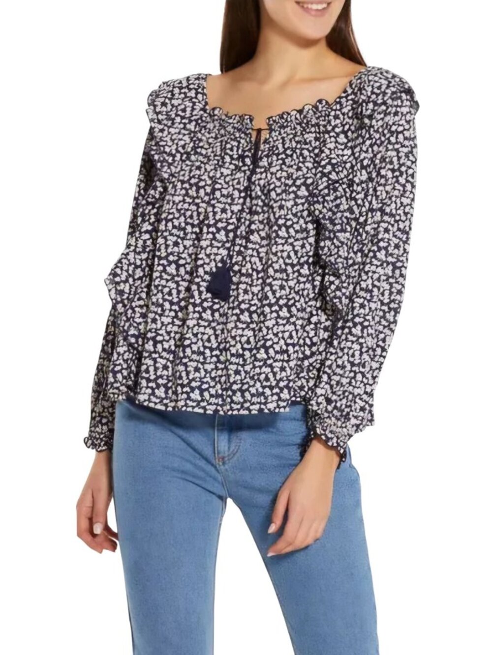 The Great The Song Blouse Navy Bohemian Ruffled Balloon Sleeve Size 2/M - Picture 5 of 14
